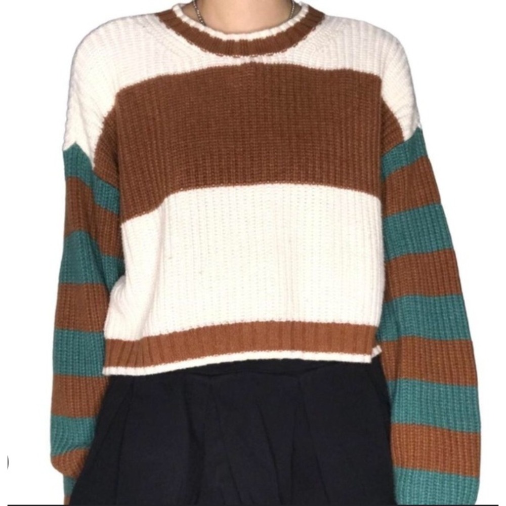 American Eagle Striped Cropped Sweater Cream Brown Teal Knit Long Sleeve Size‎ L